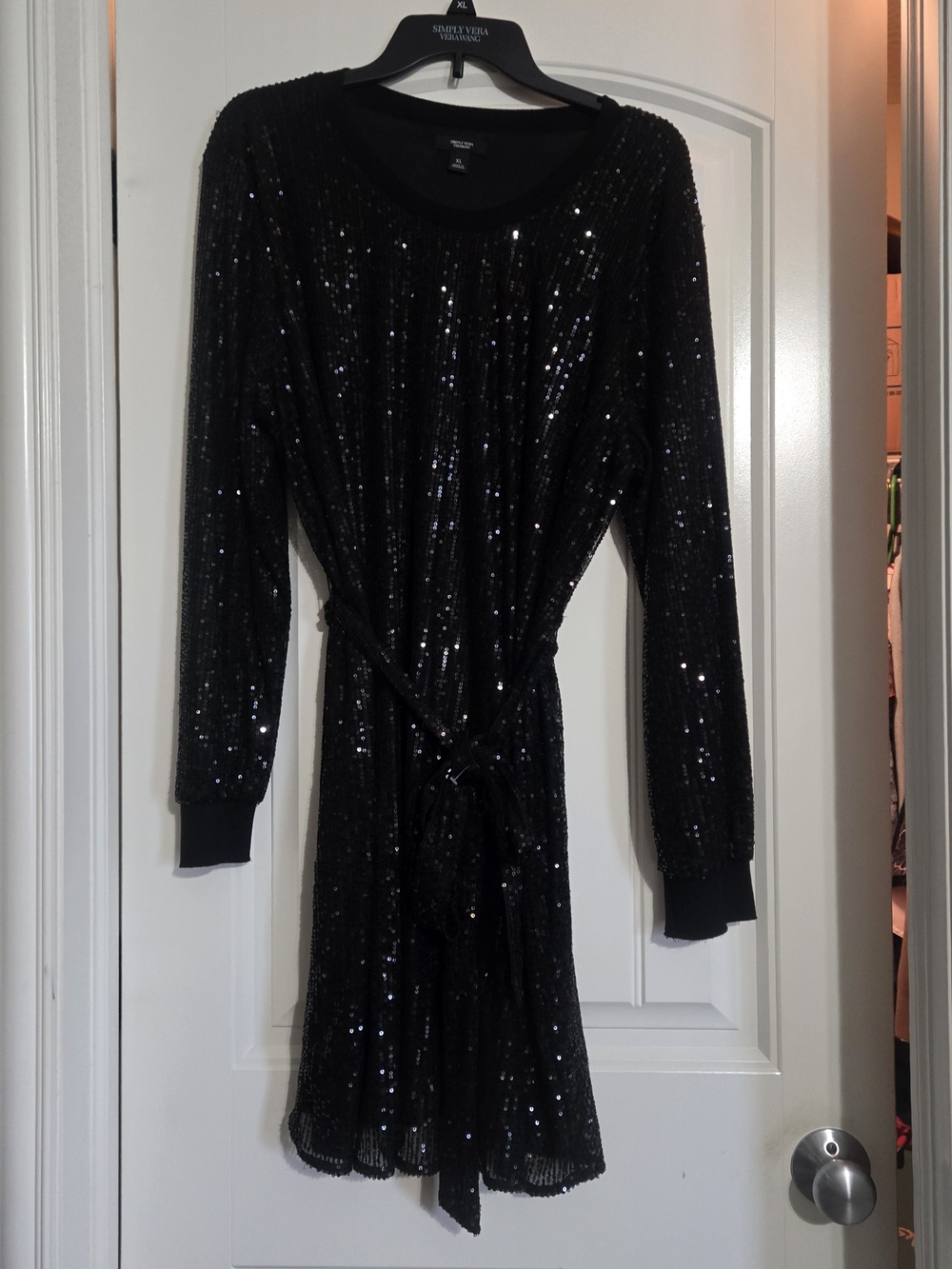 Simply Vera Vera Wang Black Sequin Midi Dress with Tie Belt